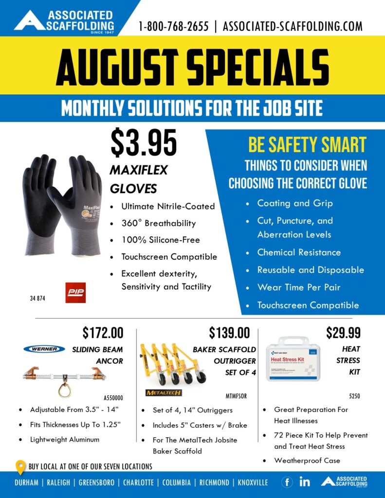 gloves, fall protection, scaffolding, first aid heat stress