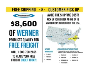 Werner free freight on orders over $8,600 and 13 local pickup locations banner