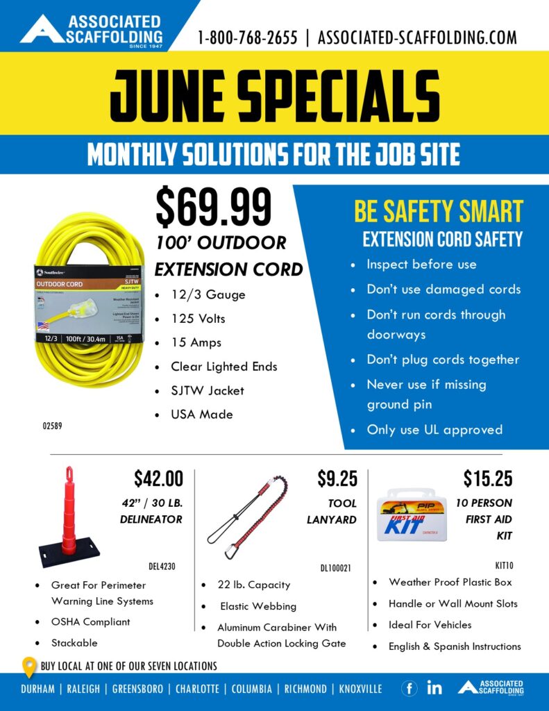 extension cords, delineators, lanyards, first aid kits