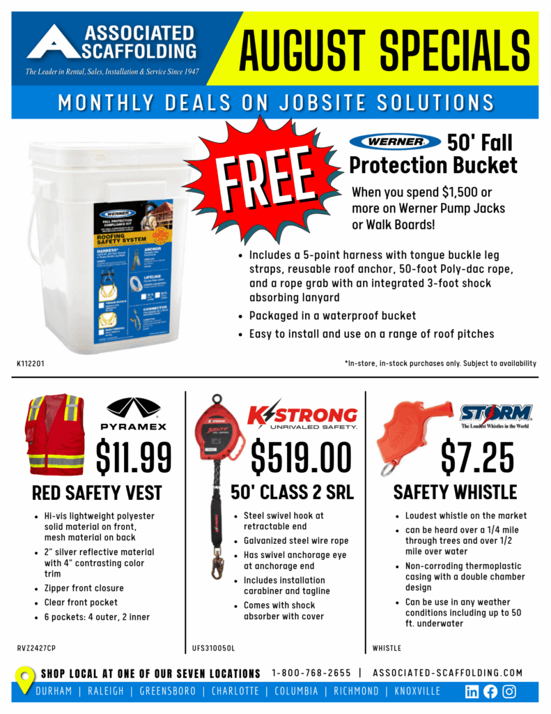 free fall protection bucket with walkboards and pump jacks, fall protection, red safety vest, and safety whistle
